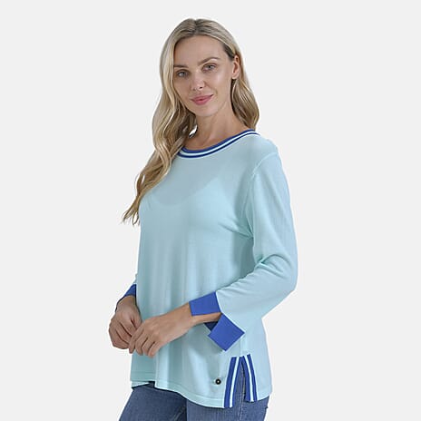 La Marey Round Neck Quarter Sleeve Jersey Top (Size L) - Blue