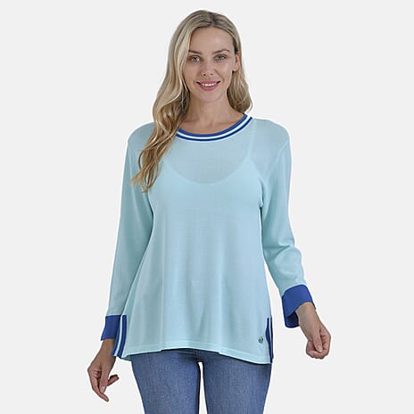 La Marey Round Neck Quarter Sleeve Jersey Top (Size L) - Blue