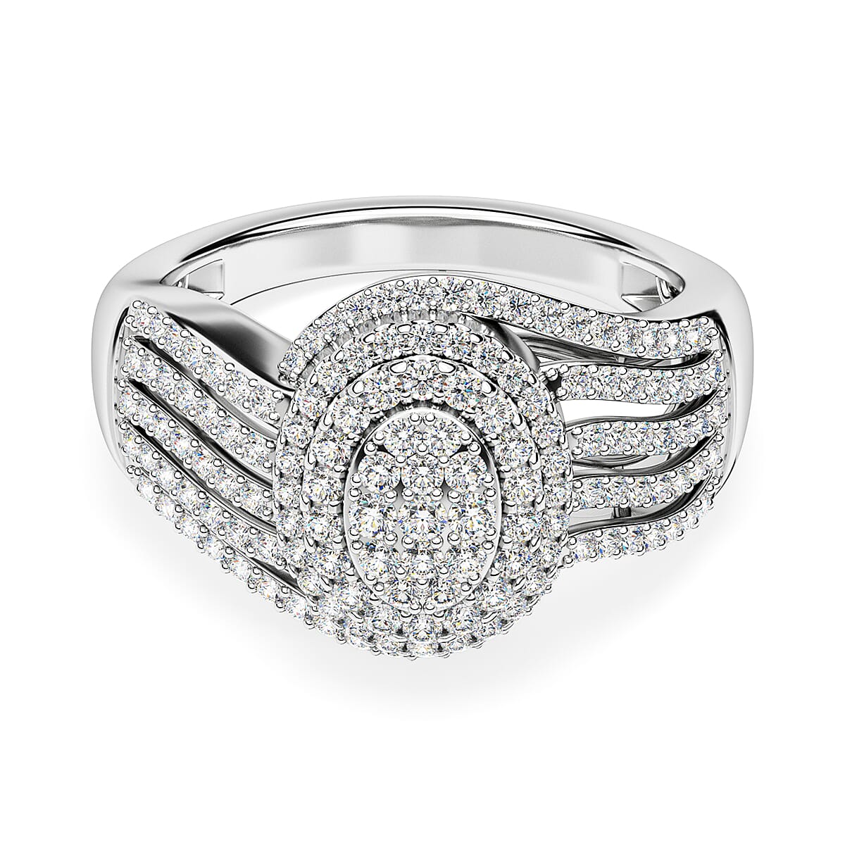 White Diamond Cluster Ring in Rhodium Overlay Sterling Silver,  Silver Wt. 5 Gms 1.015  Ct.