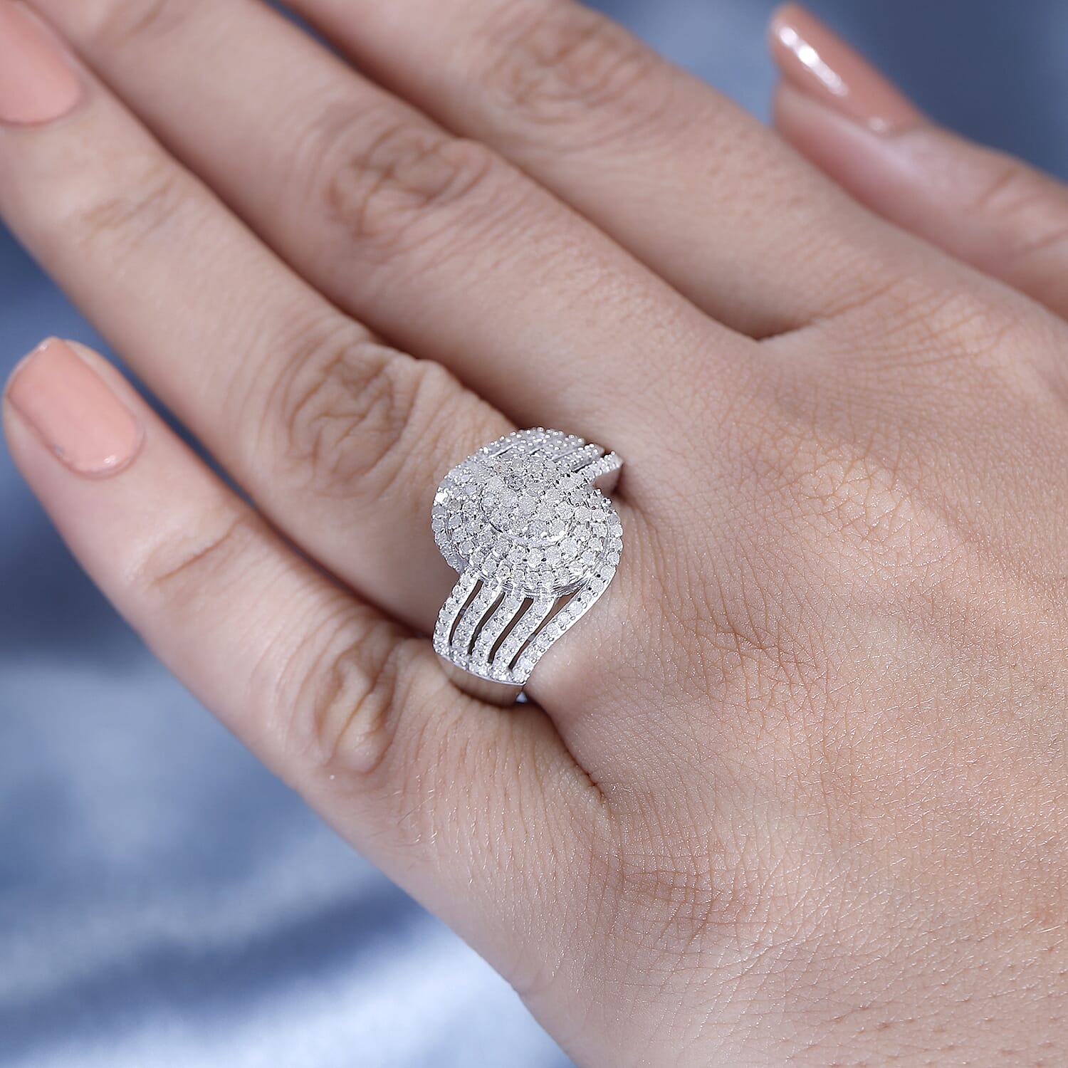 White Diamond Cluster Ring in Rhodium Overlay Sterling Silver,  Silver Wt. 5 Gms 1.015  Ct.