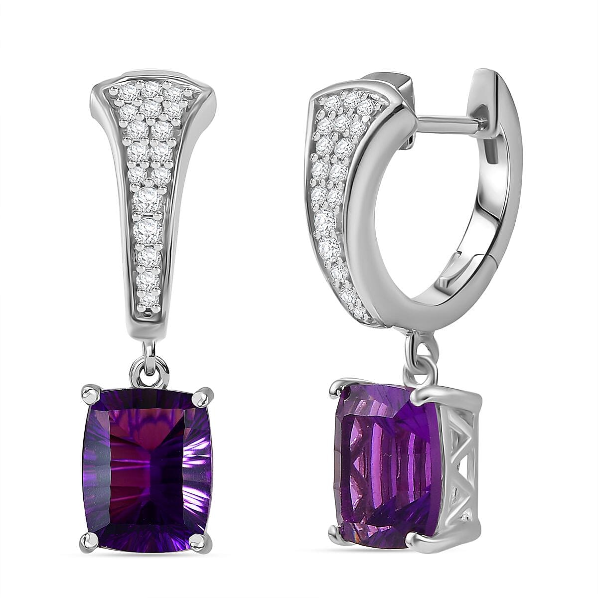 Concave Cut Zambian Amethyst,  White Zircon  J Hoop Half Hoop Earring in Rhodium Overlay Sterling Silver 4.68 ct,  Silver Wt. 5 Gms  4.822  Ct.