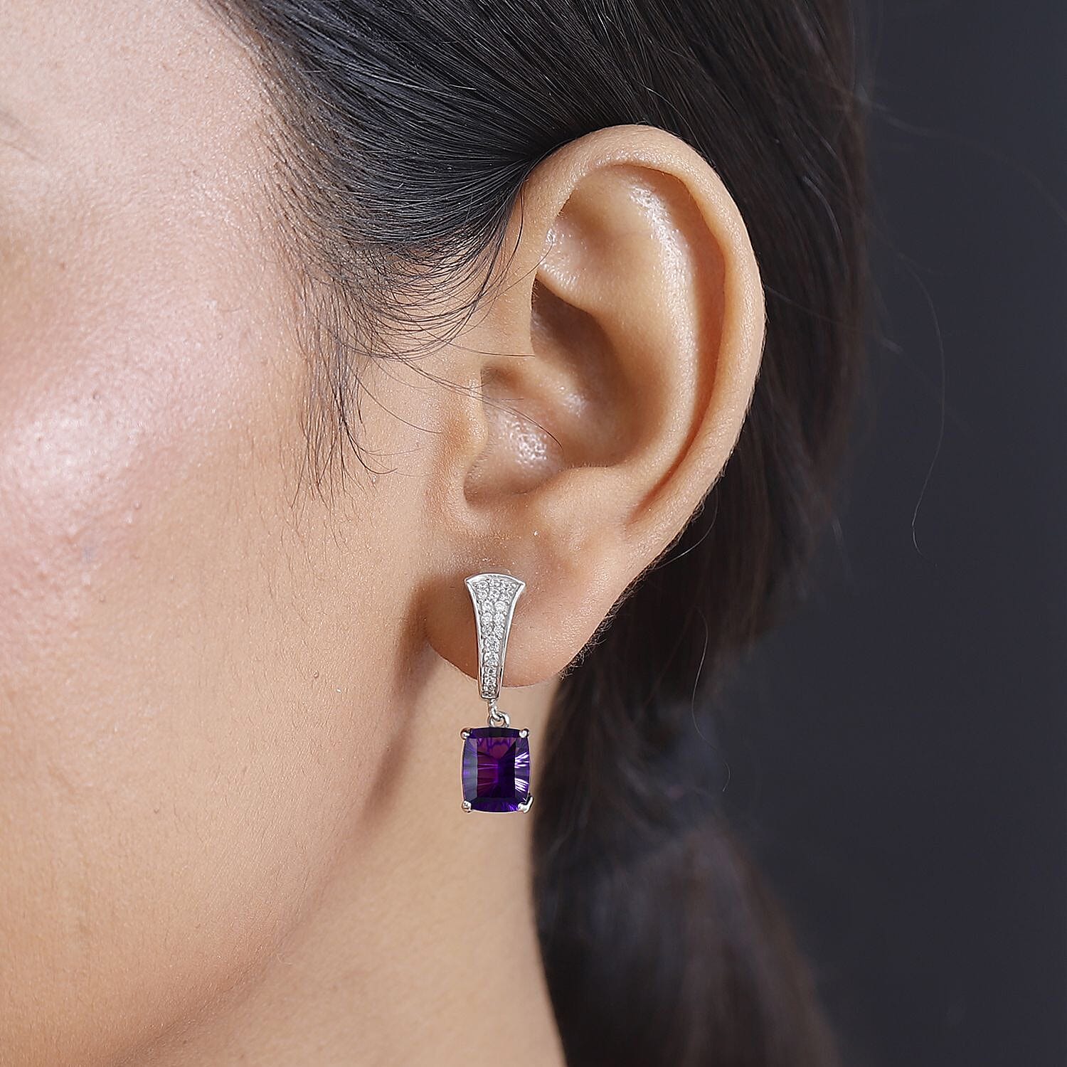 Concave Cut Zambian Amethyst,  White Zircon  J Hoop Half Hoop Earring in Rhodium Overlay Sterling Silver 4.68 ct,  Silver Wt. 5 Gms  4.822  Ct.