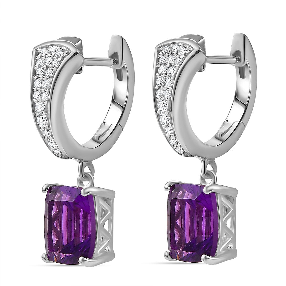 Concave Cut Zambian Amethyst,  White Zircon  J Hoop Half Hoop Earring in Rhodium Overlay Sterling Silver 4.68 ct,  Silver Wt. 5 Gms  4.822  Ct.