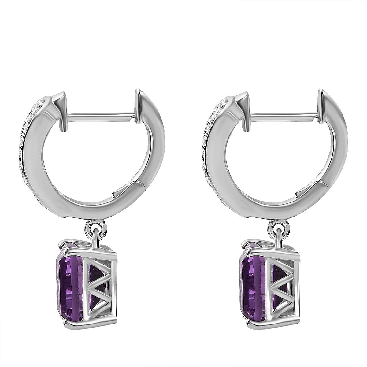 Concave Cut Zambian Amethyst,  White Zircon  J Hoop Half Hoop Earring in Rhodium Overlay Sterling Silver 4.68 ct,  Silver Wt. 5 Gms  4.822  Ct.
