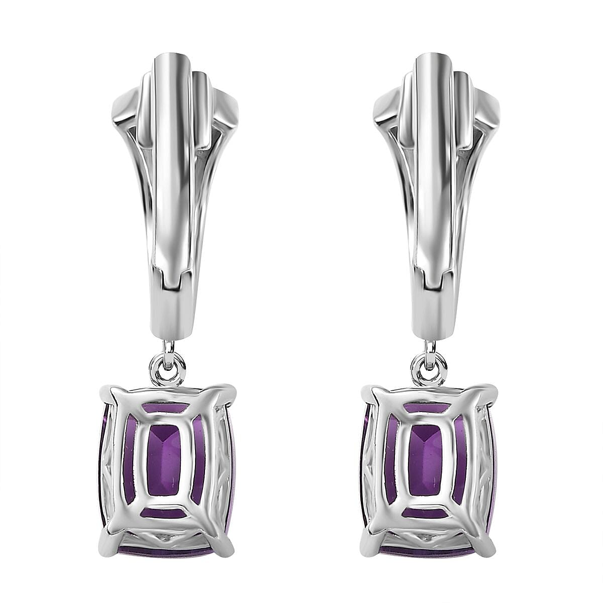 Concave Cut Zambian Amethyst,  White Zircon  J Hoop Half Hoop Earring in Rhodium Overlay Sterling Silver 4.68 ct,  Silver Wt. 5 Gms  4.822  Ct.