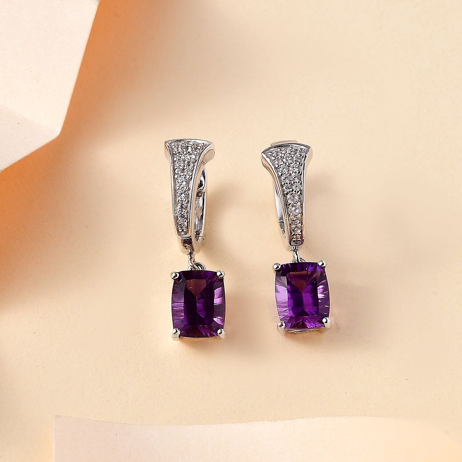 Concave Cut Zambian Amethyst,  White Zircon  J Hoop Half Hoop Earring in Rhodium Overlay Sterling Silver 4.68 ct,  Silver Wt. 5 Gms  4.822  Ct.