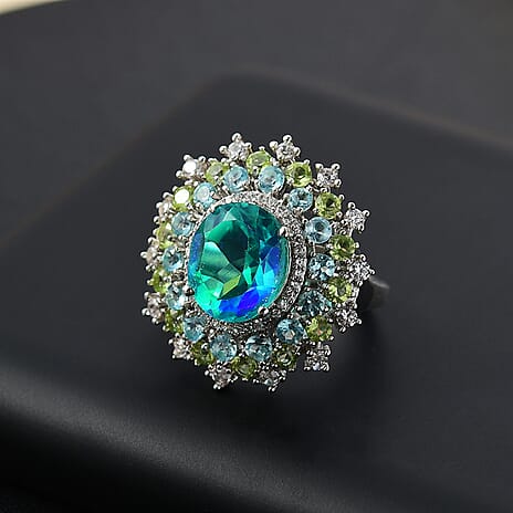 Peacock Triplet Quartz, Apatite, Peridot & White Zircon Ring in Rhodium Overlay Sterling Silver 8.02 Ct, Silver Wt.6.14 Gms.