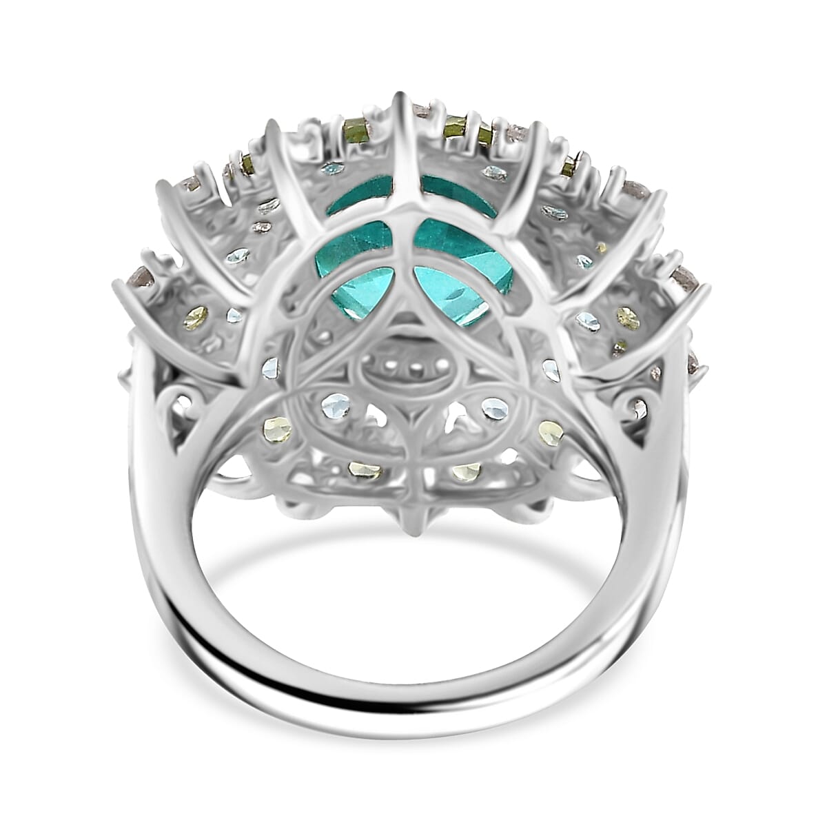 Peacock Triplet Quartz, Apatite, Peridot & White Zircon Ring in Rhodium Overlay Sterling Silver 8.02 Ct, Silver Wt.6.14 Gms. Peacock Triplet Quartz, Apatite, Peridot & White Zircon Ring in Rhodium Overlay Sterling Silver 8.02 Ct, Silver Wt.6.14 Gms.