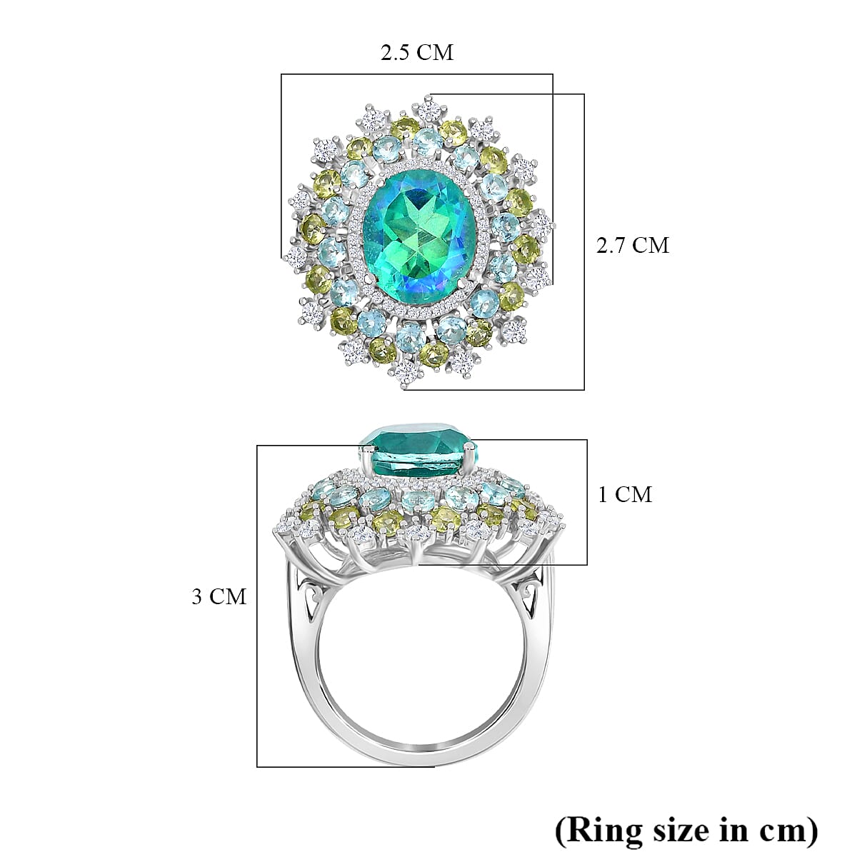 Peacock Triplet Quartz, Apatite, Peridot & White Zircon Ring in Rhodium Overlay Sterling Silver 8.02 Ct, Silver Wt.6.14 Gms. Peacock Triplet Quartz, Apatite, Peridot & White Zircon Ring in Rhodium Overlay Sterling Silver 8.02 Ct, Silver Wt.6.14 Gms.