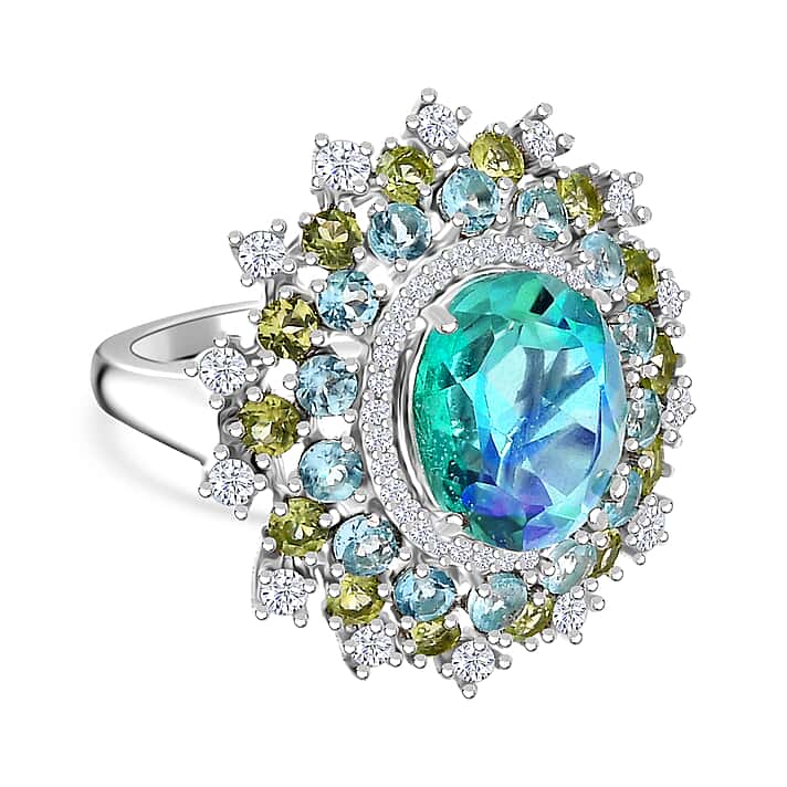 Peacock Triplet Quartz, Apatite, Peridot, White Zircon Halo Ring in Rhodium Overlay Sterling Silver 7.26 ct.