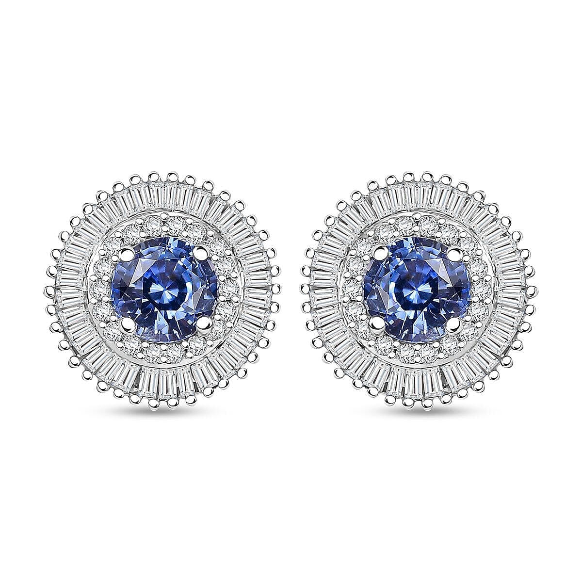 Luxoro 14K White Gold AGI Certified AAA Blue Ceylon Sapphire & White Diamond (I2-GH) Stud Push Post Earring 2.48 Ct.