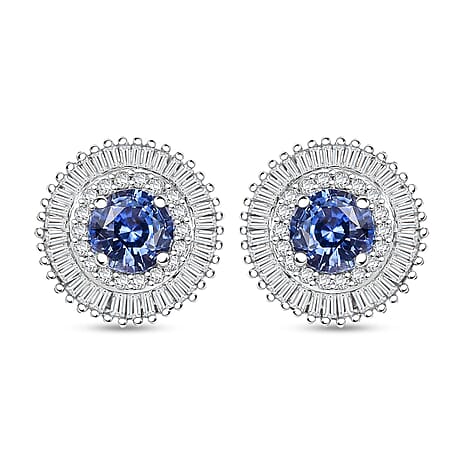 Luxoro 14K White Gold AGI Certified AAA Blue Ceylon Sapphire & White Diamond (I2-GH) Stud Push Post Earring 2.48 Ct.
