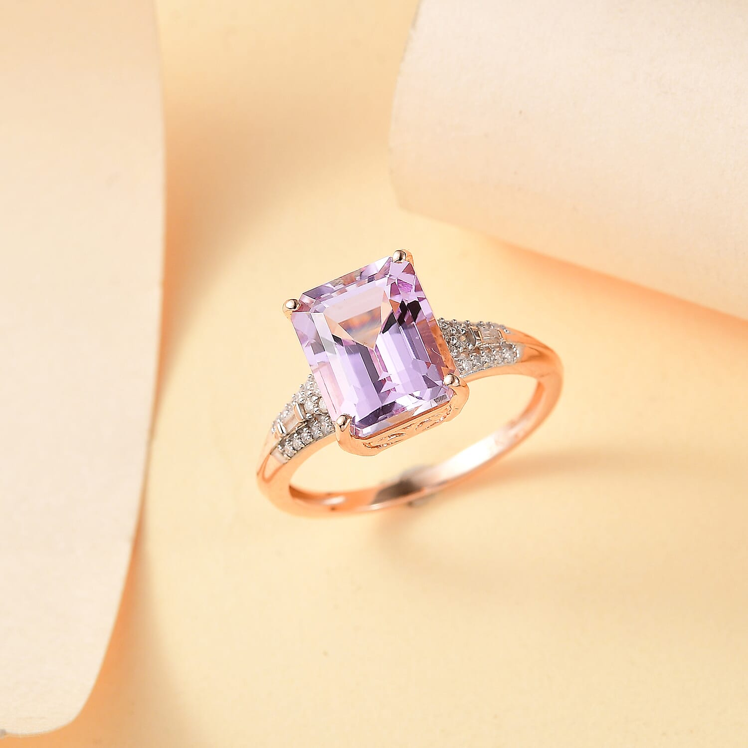 9K Rose Gold Premium Natural Martha Rocha Kunzite with White Diamond Ring 6.00 Ct.