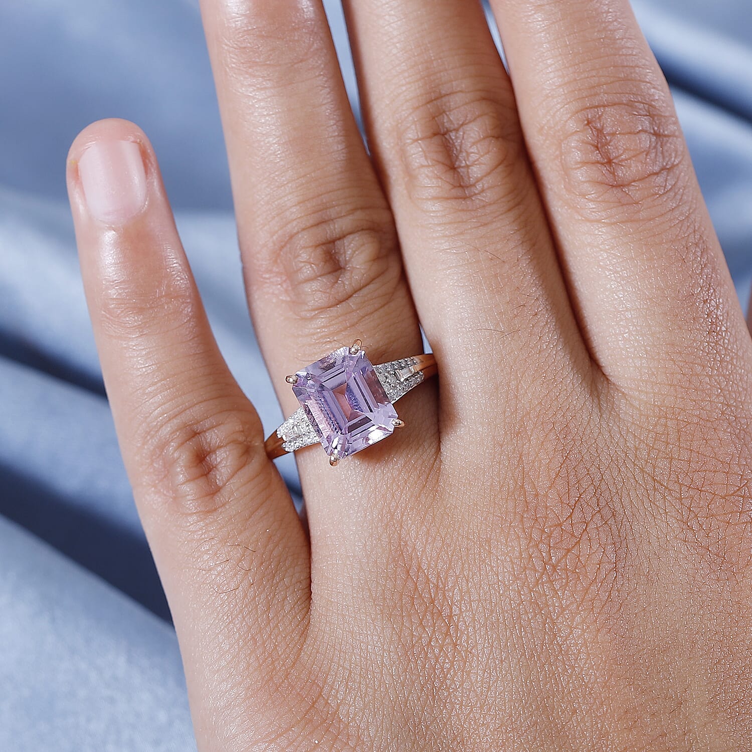 9K Rose Gold Premium Natural Martha Rocha Kunzite with White Diamond Ring 6.00 Ct.