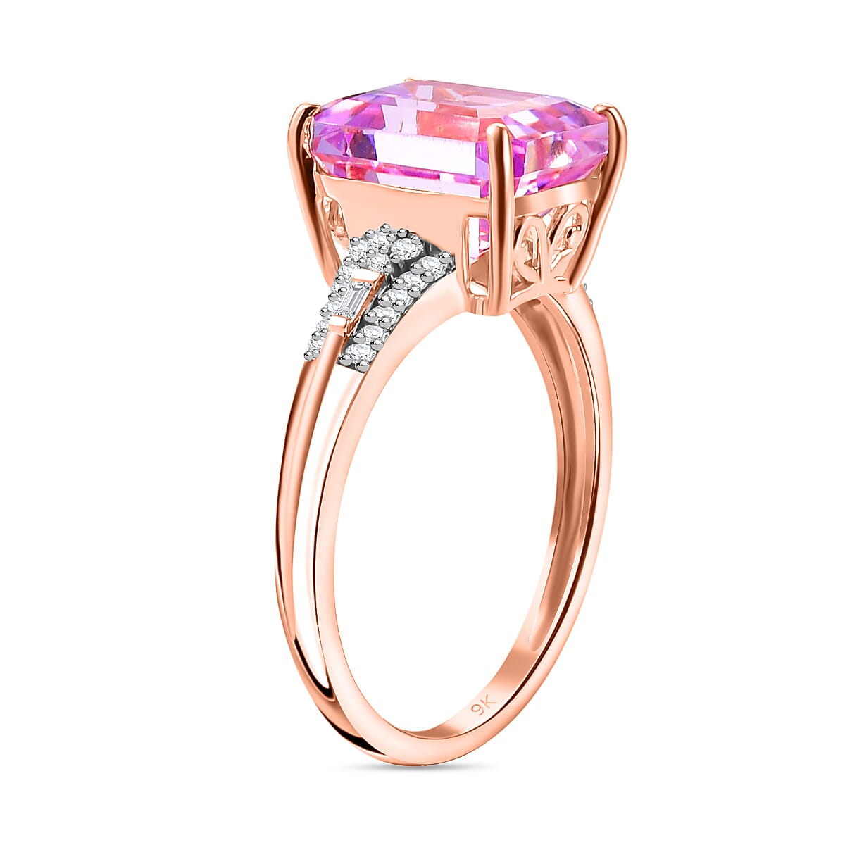 9K Rose Gold Premium Natural Martha Rocha Kunzite with White Diamond Ring 6.00 Ct.