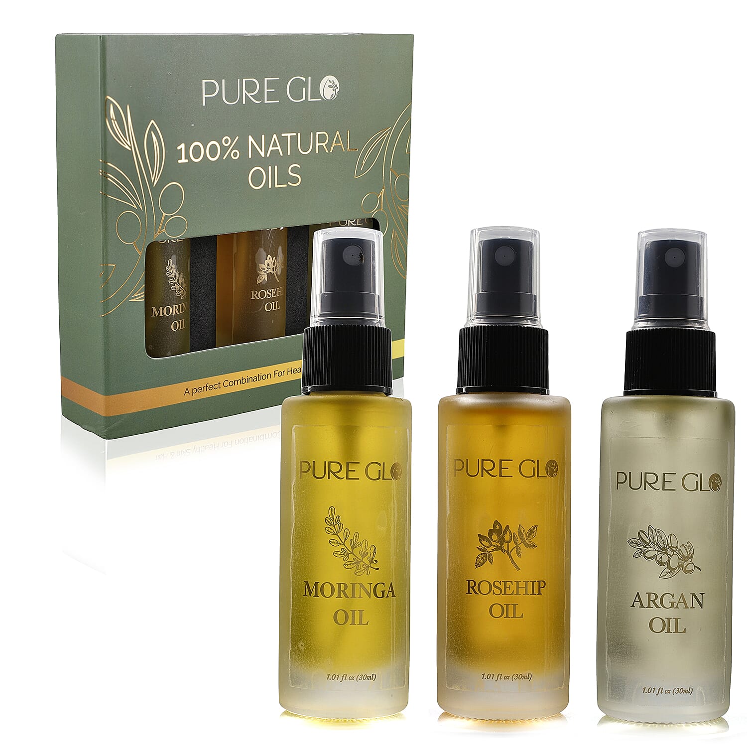 Pure Glo Set of 3 Oils - Travel Edition Organic Moringa Oil, Argan Oil & Rosehip Oil (30ml each) Spray Bottles