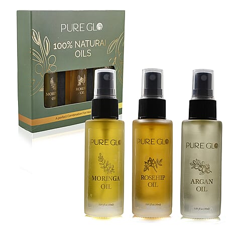 Pure Glo Set of 3 Oils - Organic Moringa Oil, Argan Oil, and Rosehip Oil - Travel Edition