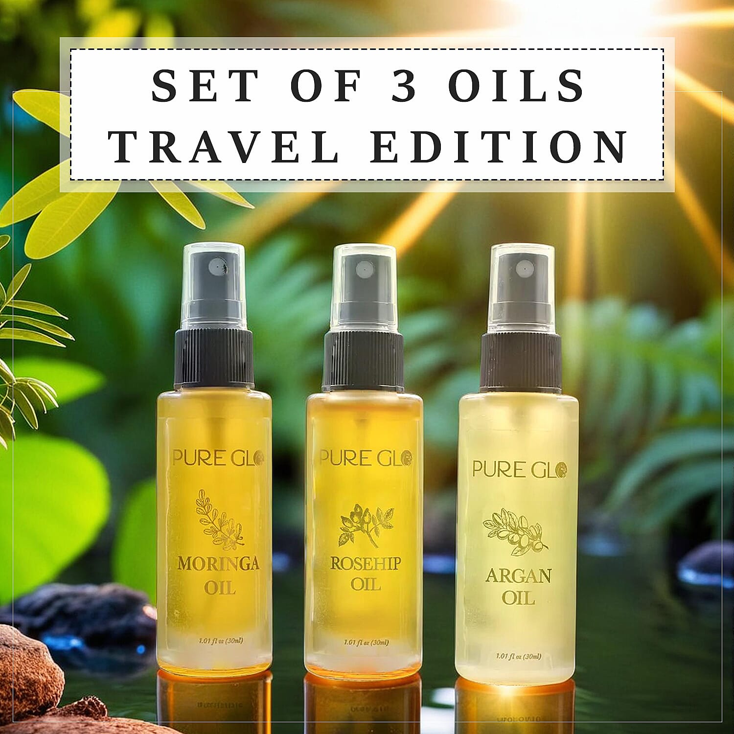 Pure Glo Set of 3 Oils - Travel Edition Organic Moringa Oil, Argan Oil & Rosehip Oil (30ml each) Spray Bottles