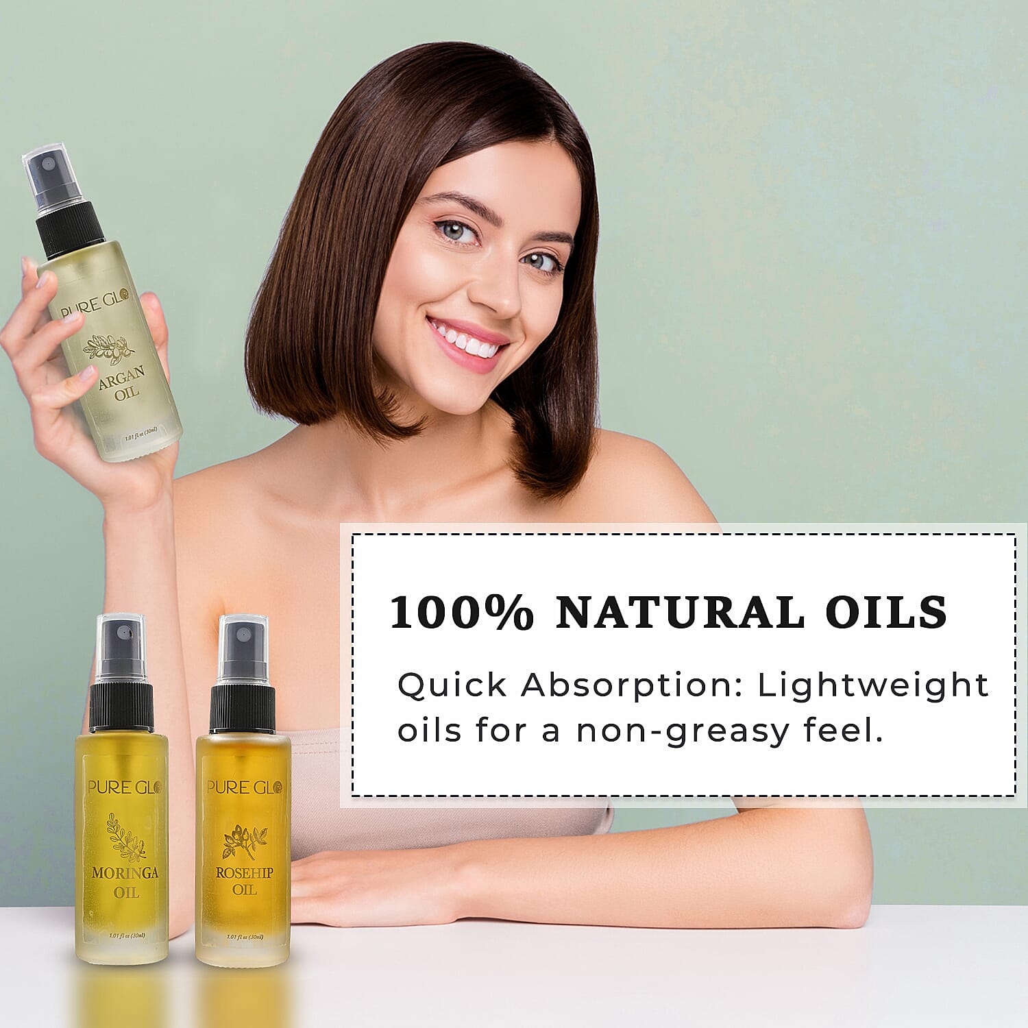 Pure Glo Set of 3 Oils - Travel Edition Organic Moringa Oil, Argan Oil & Rosehip Oil (30ml each) Spray Bottles