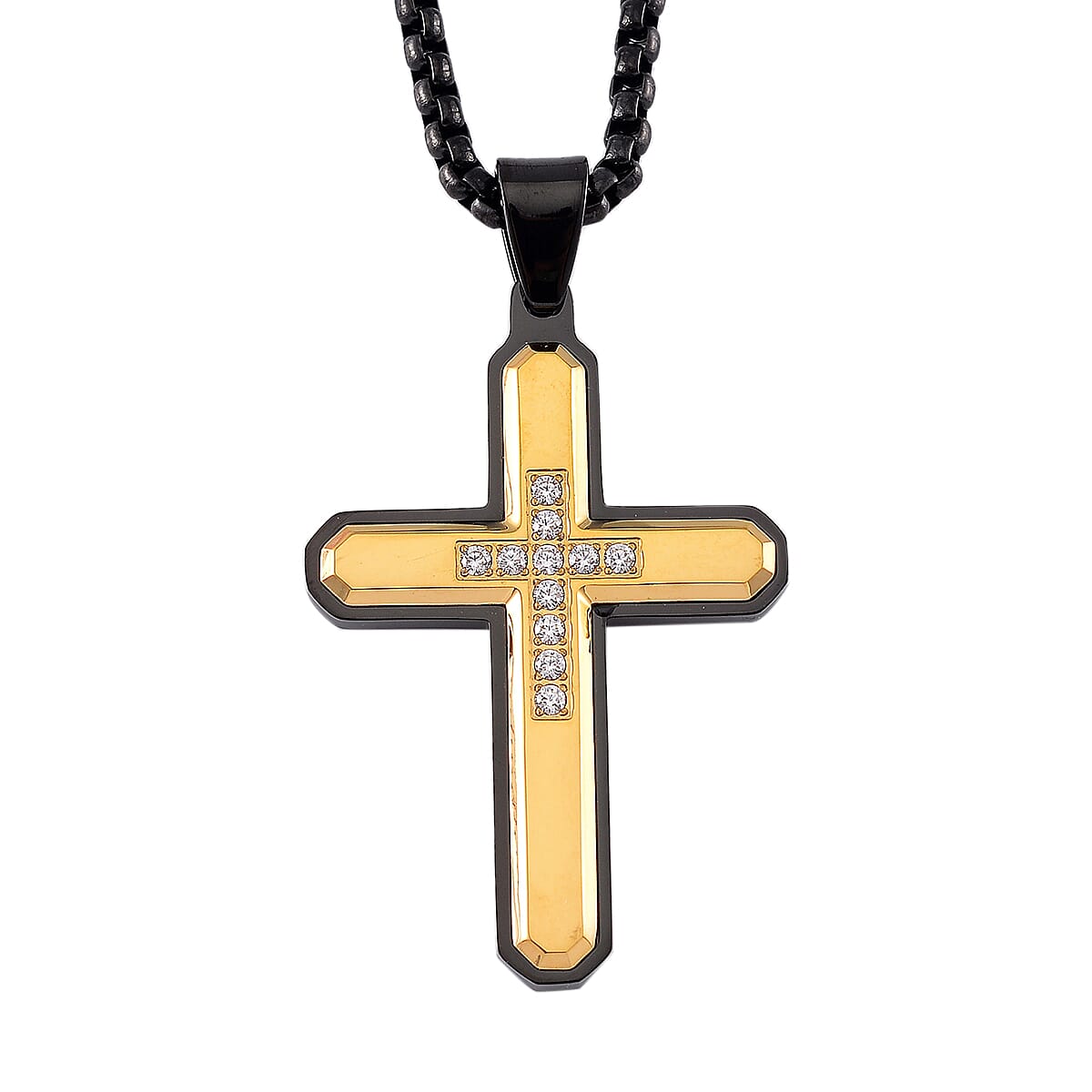 White Crystal Pendant With Chain (Size - 22) in Black & Yellow