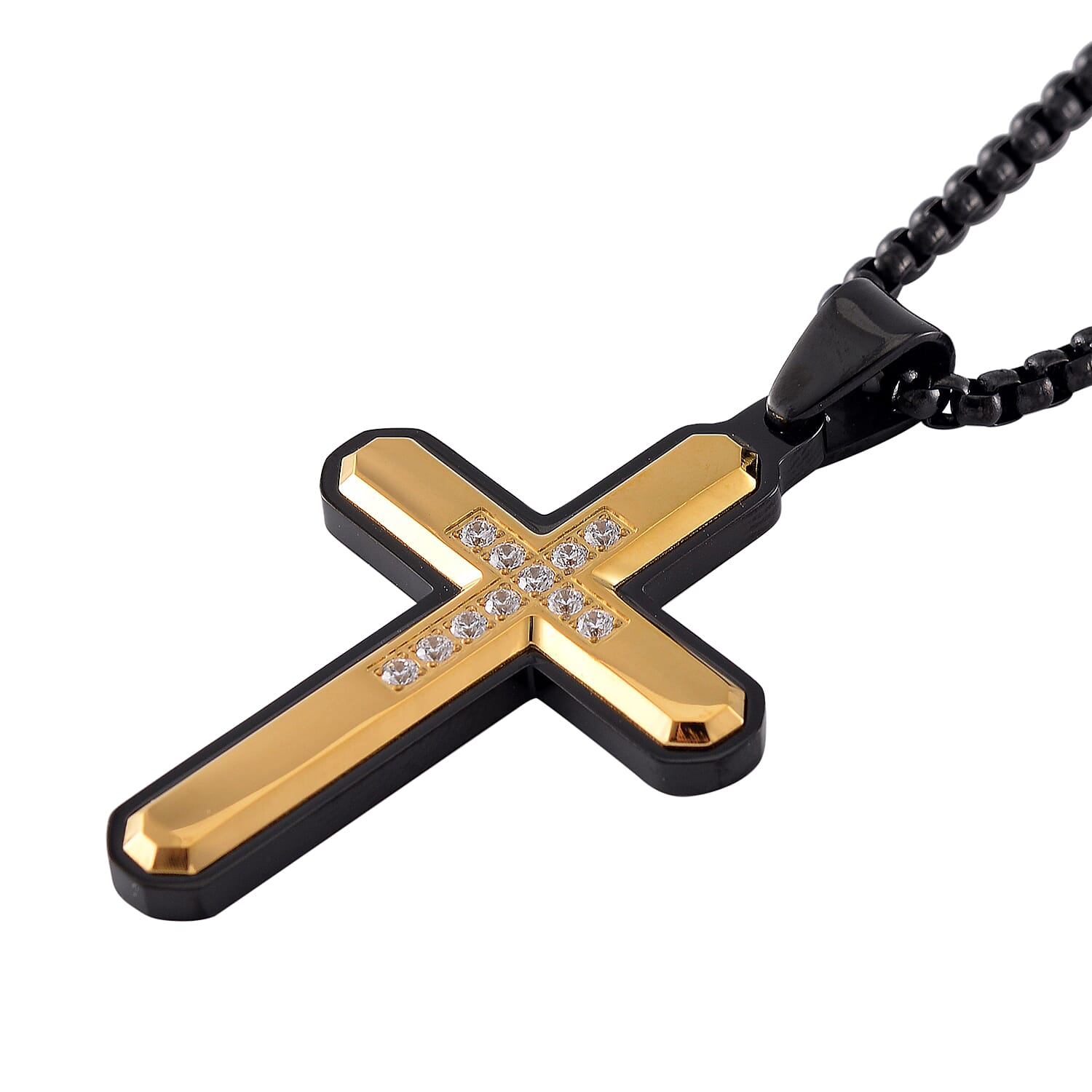 White Crystal Pendant With Chain (Size - 22) in Black & Yellow
