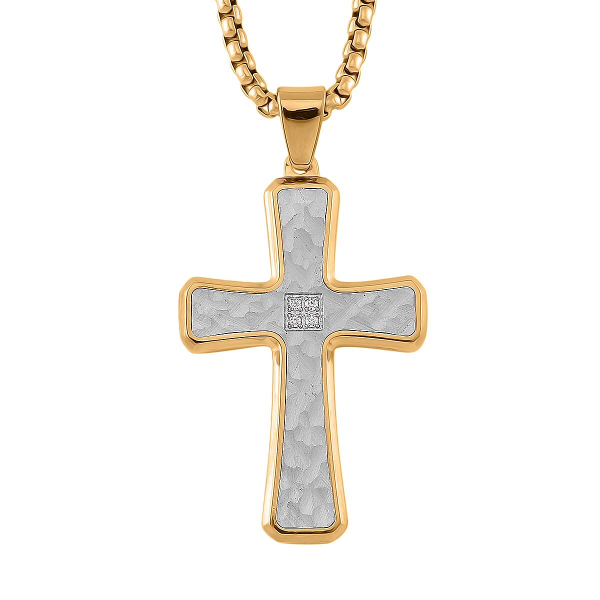 White Crystal Cross Pendant With Chain (Size - 22) in Two Tone