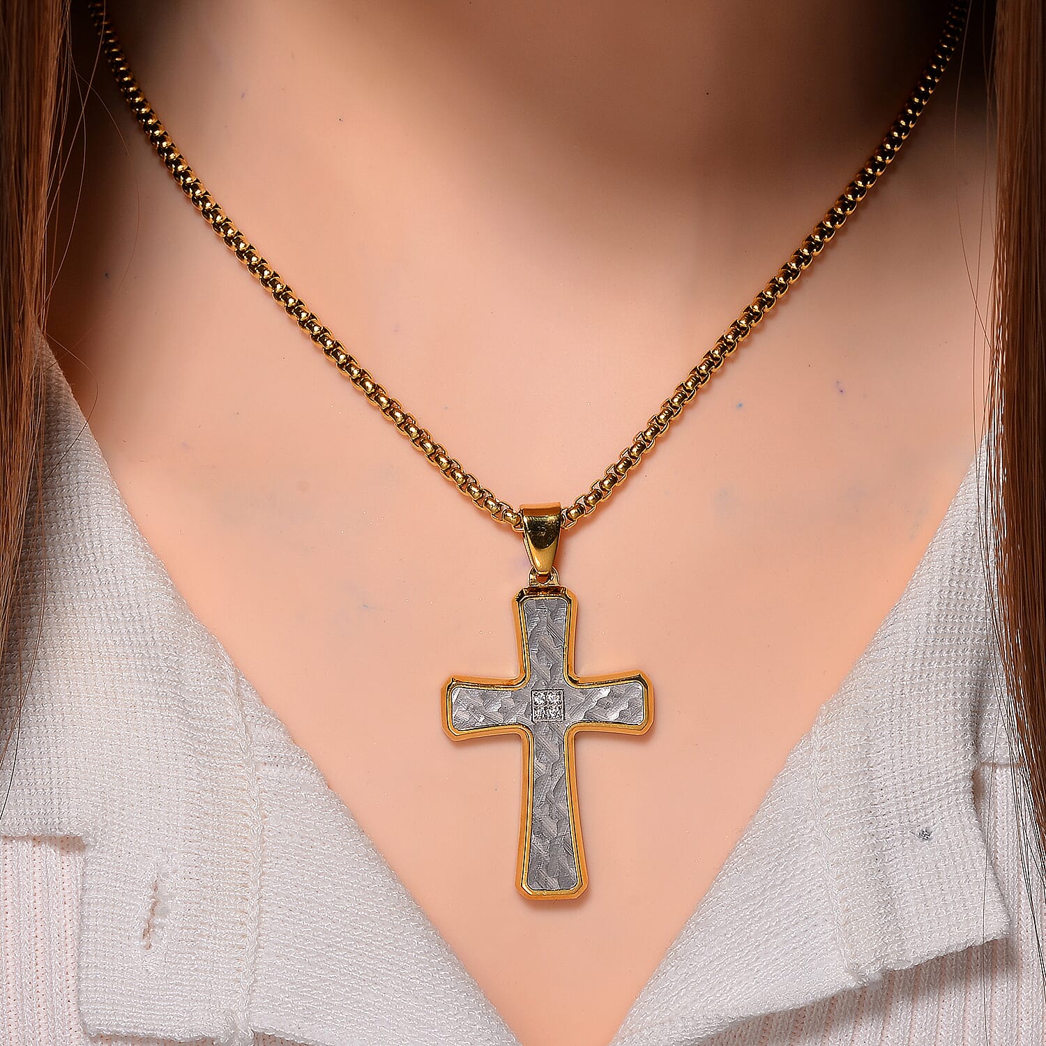 White Crystal Cross Pendant With Chain (Size - 22) in Two Tone
