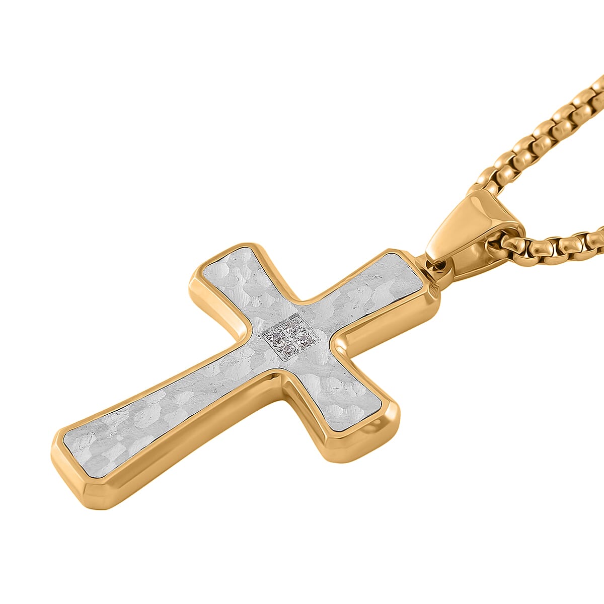 White Crystal Cross Pendant With Chain (Size - 22) in Two Tone