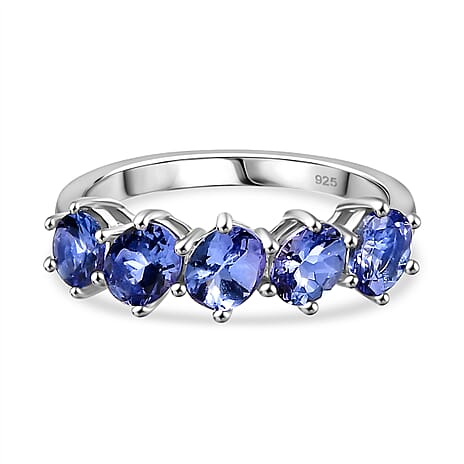 Tanzanite 5 Stone Ring in Rhodium Overlay Sterling Silver 1.36 Ct.