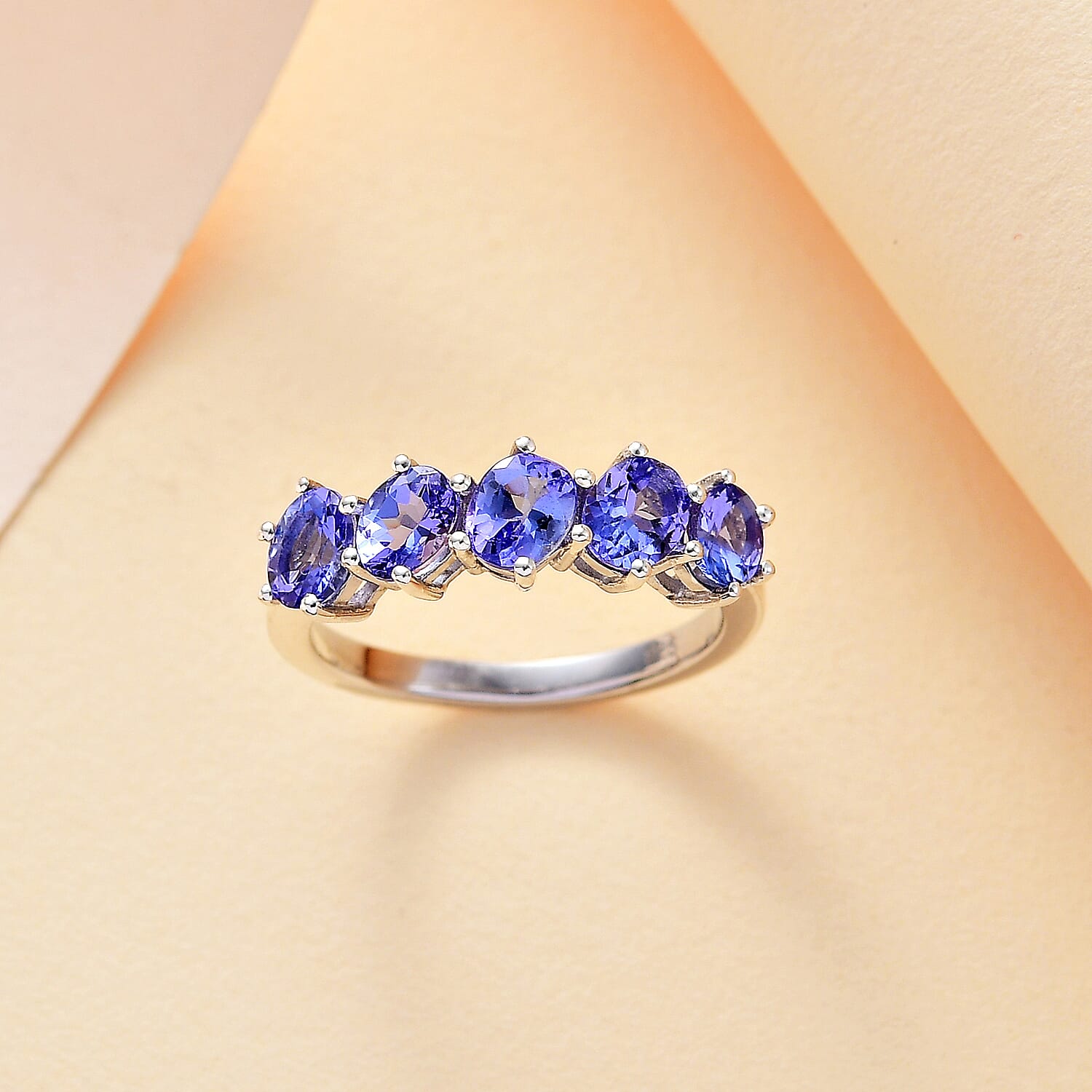 Tanzanite 5 Stone Ring in Rhodium Overlay Sterling Silver 1.36 Ct.