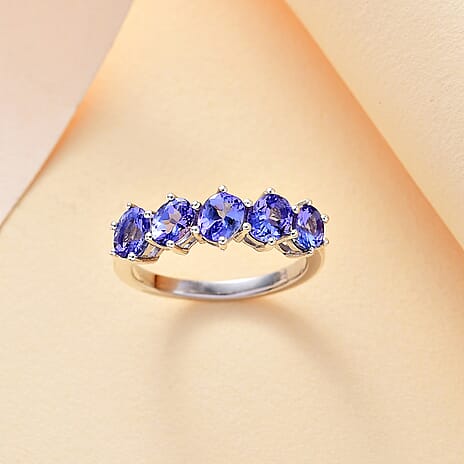 Tanzanite 5 Stone Ring in Rhodium Overlay Sterling Silver 1.36 Ct.