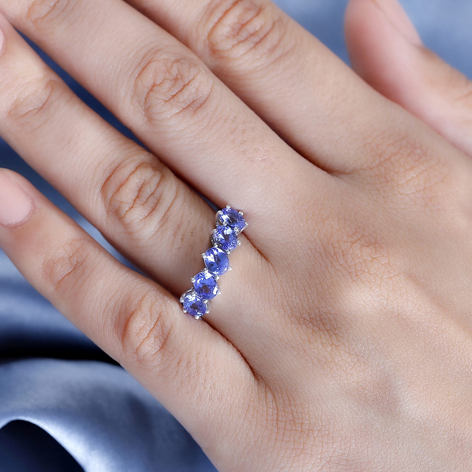 Tanzanite 5 Stone Ring in Rhodium Overlay Sterling Silver 1.36 Ct.