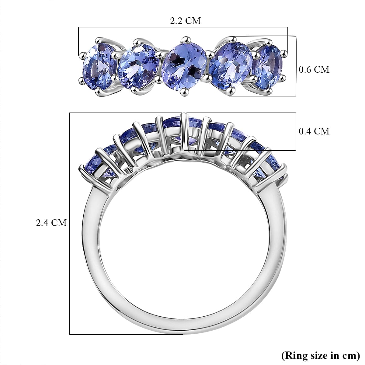 Tanzanite 5 Stone Ring in Rhodium Overlay Sterling Silver 1.36 Ct.