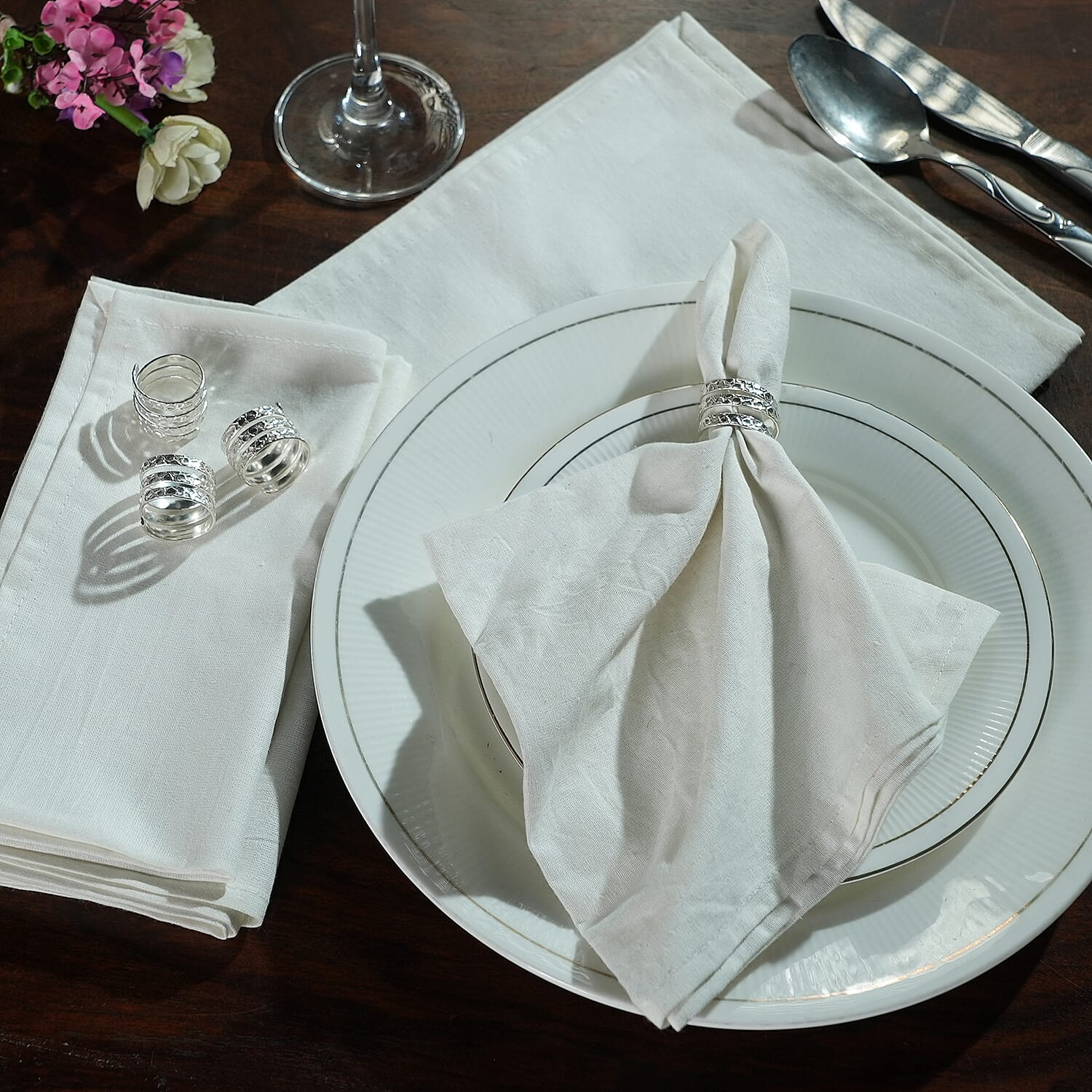 Set of 4 - Spring Cotton Napkin Ring with Table Napkins (Size 40) - Silver