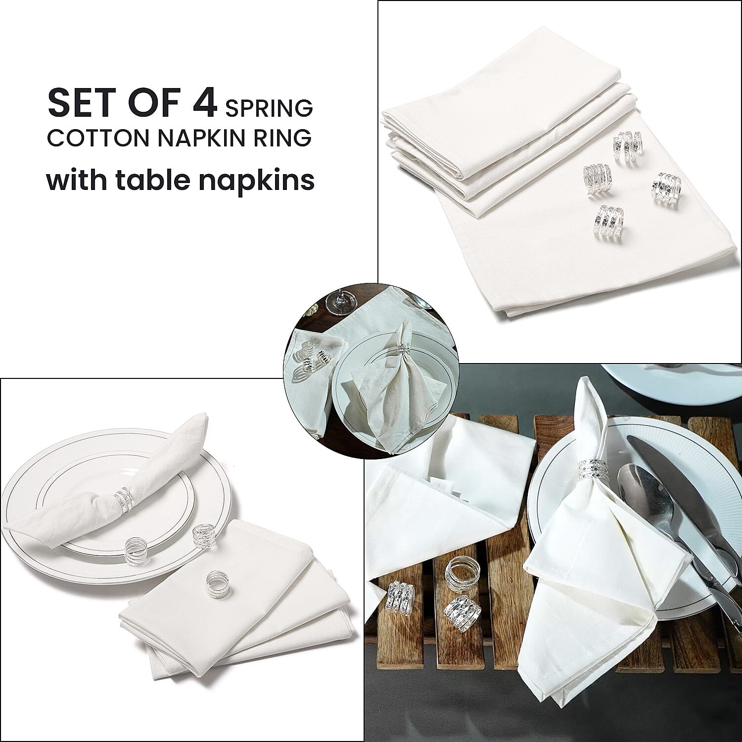 Set of 4 - Spring Cotton Napkin Ring with Table Napkins (Size 40) - Silver