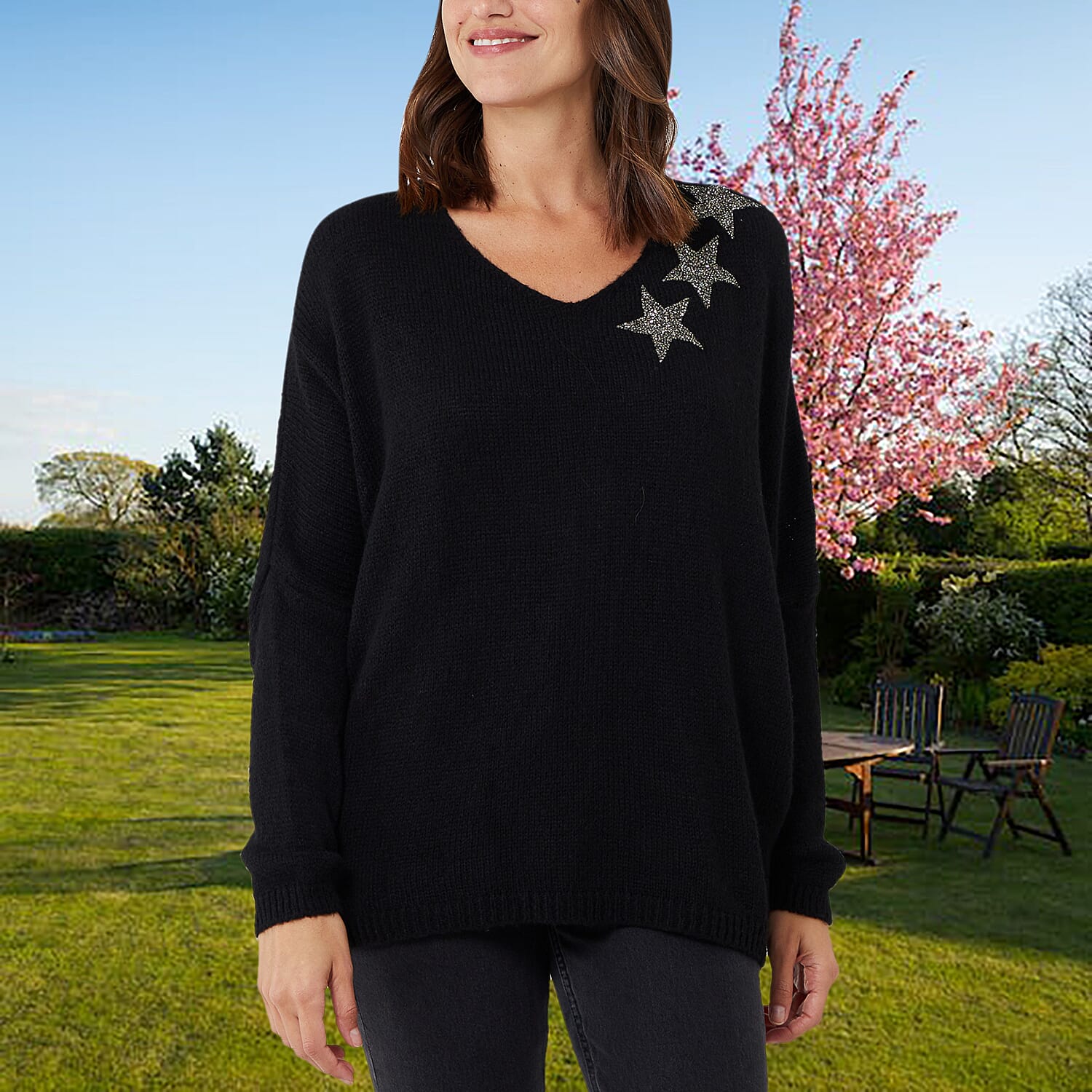 TAMSY 3 Stars Knitted Jumper - Black (Size 8-18)