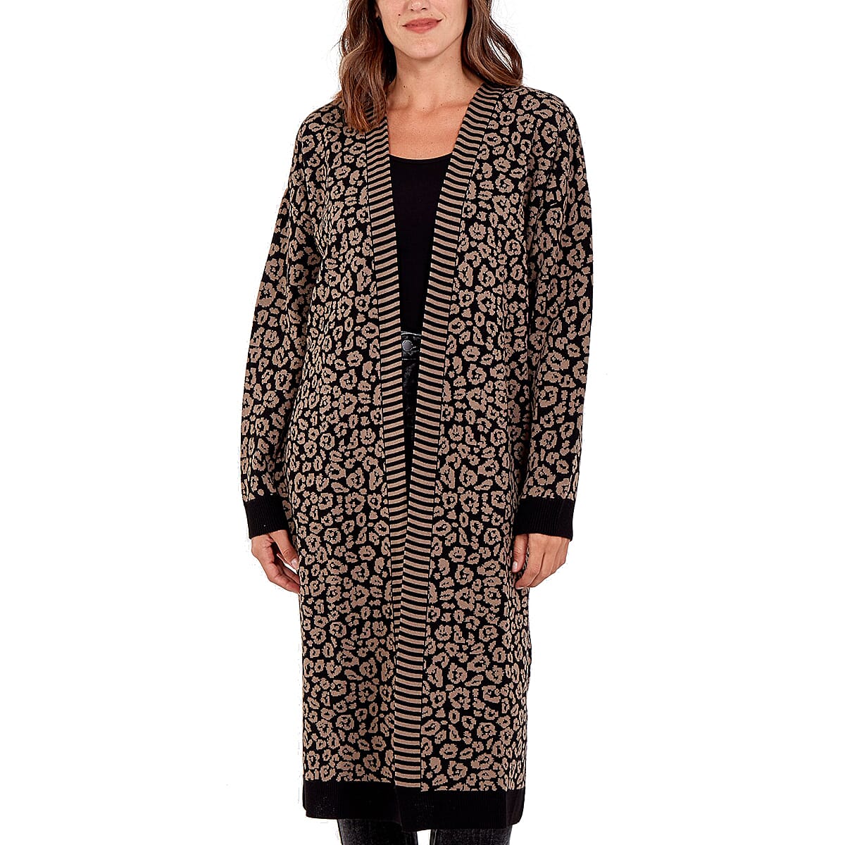 Nova of London  Acrylic Leopard Print Long Cardigan - Charcoal