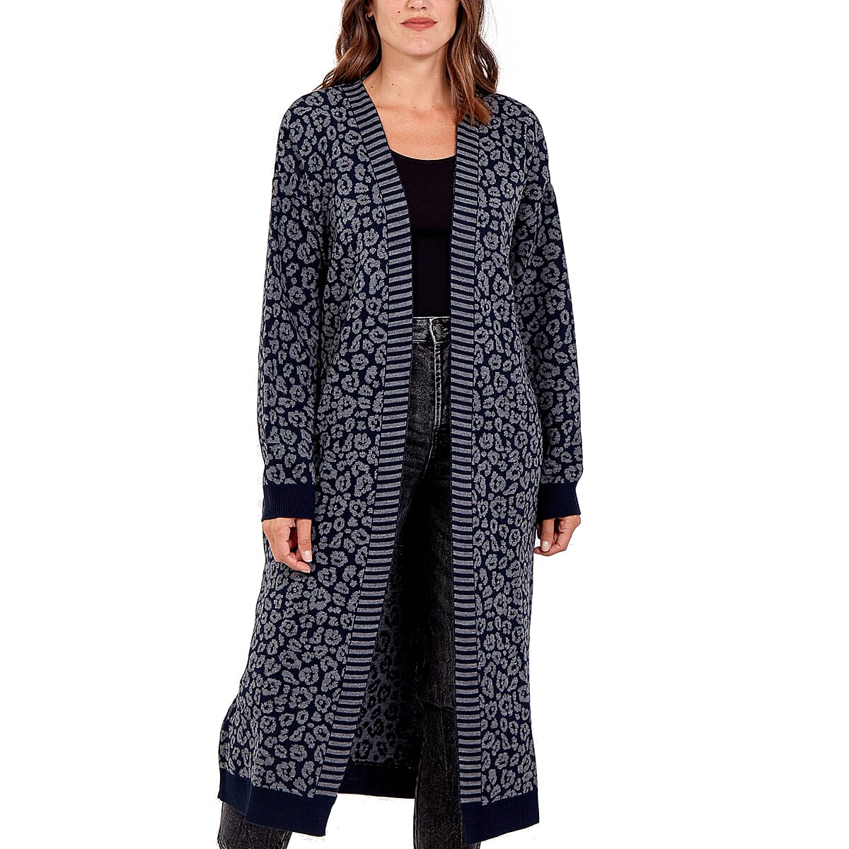 TAMSY  Leopard Printed Long Cardigan - Navy