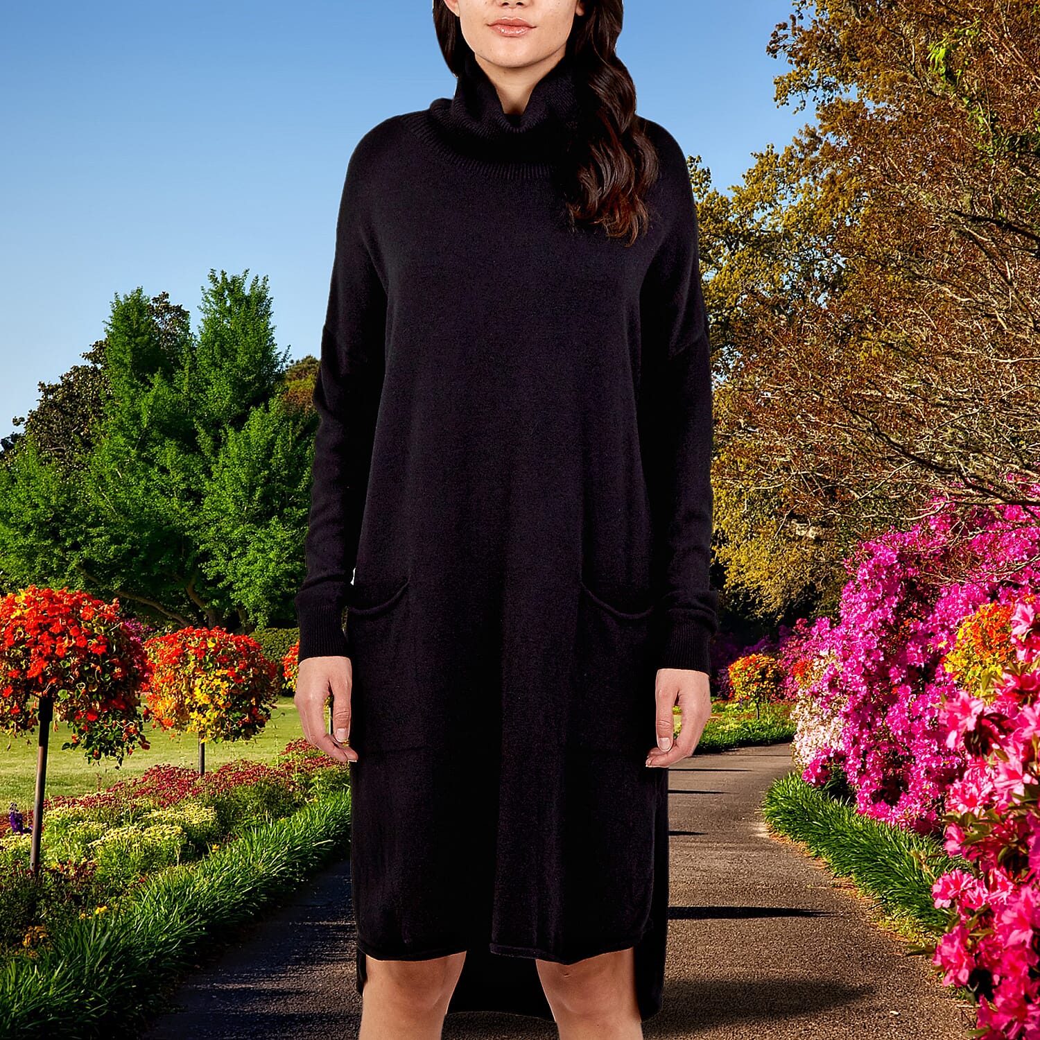 TAMSY Italian Knit Super Soft and Stretchy Roll Neck Jumper Dress - Black-  One Size 8-18 Approx - Bust 52in  CB 39in