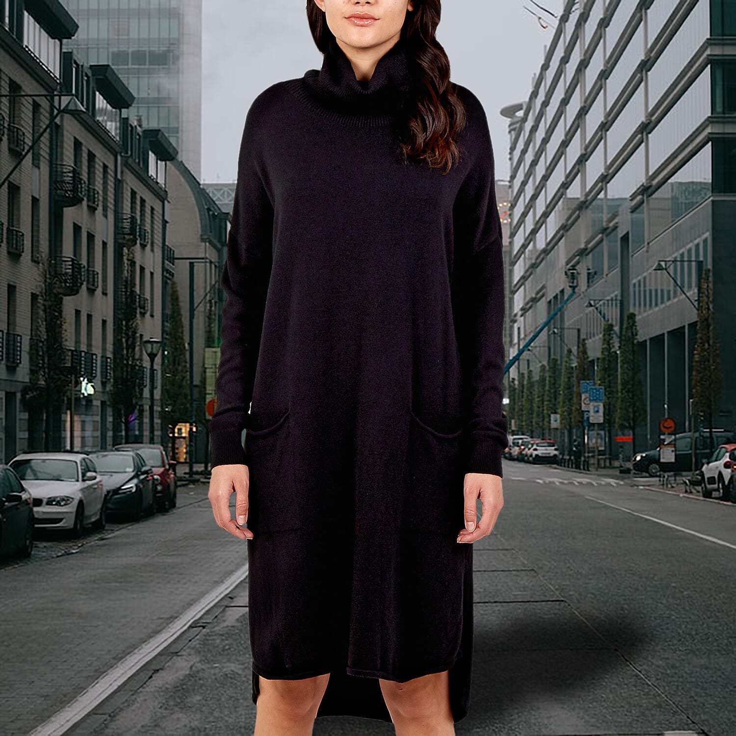 TAMSY Italian Knit Super Soft and Stretchy Roll Neck Jumper Dress - Black-  One Size 8-18 Approx - Bust 52in  CB 39in