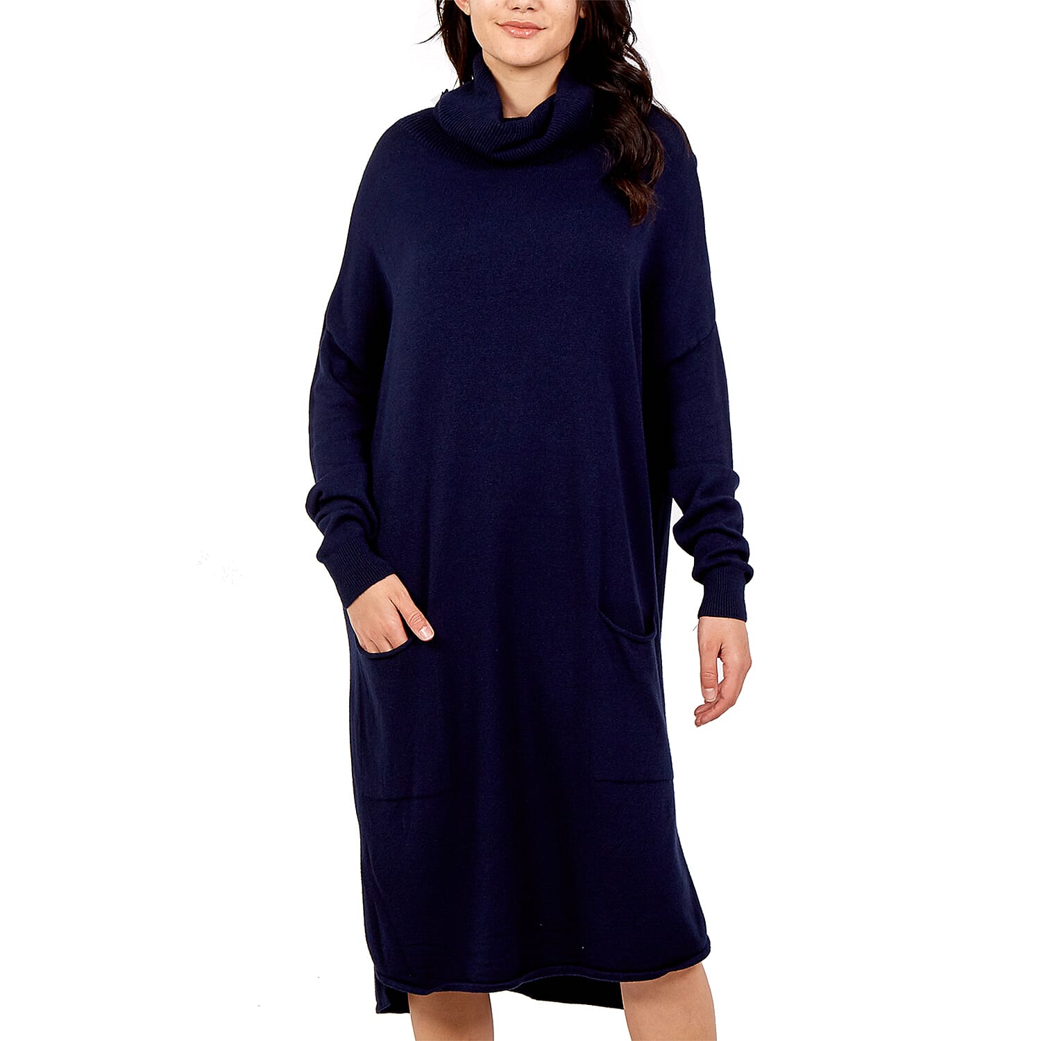 TAMSY Italian Knit Super Soft and Stretchy Roll Neck Jumper Dress - Navy -  One Size 8-18 Approx - Bust 52in  CB 39in