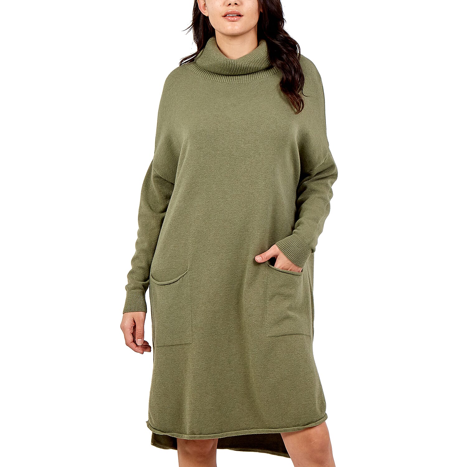 TAMSY Italian Knit Super Soft and Stretchy Roll Neck Jumper Dress - Sage -  One Size 8-18 Approx - Bust 52in  CB 39in