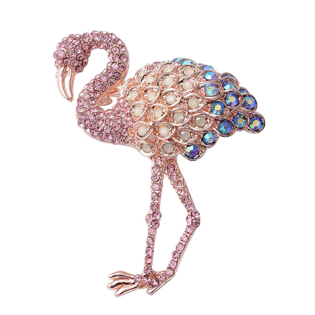 Multi Colour Austrian Crystal Flamingo Brooch in Rose Gold Tone