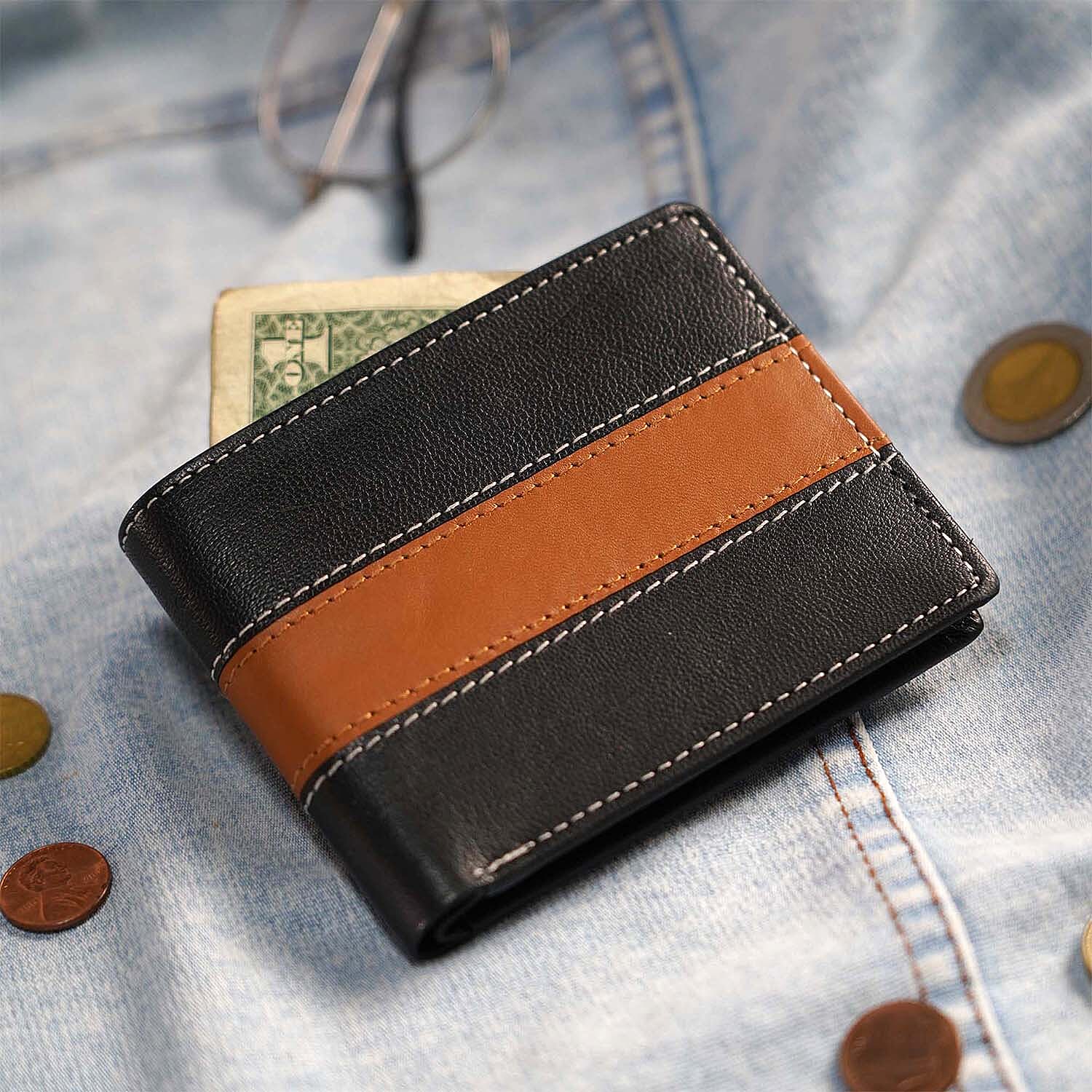 100% Genuine Leather RFID Protected Wallet (Size 11x9 Cm) - Black & Brown