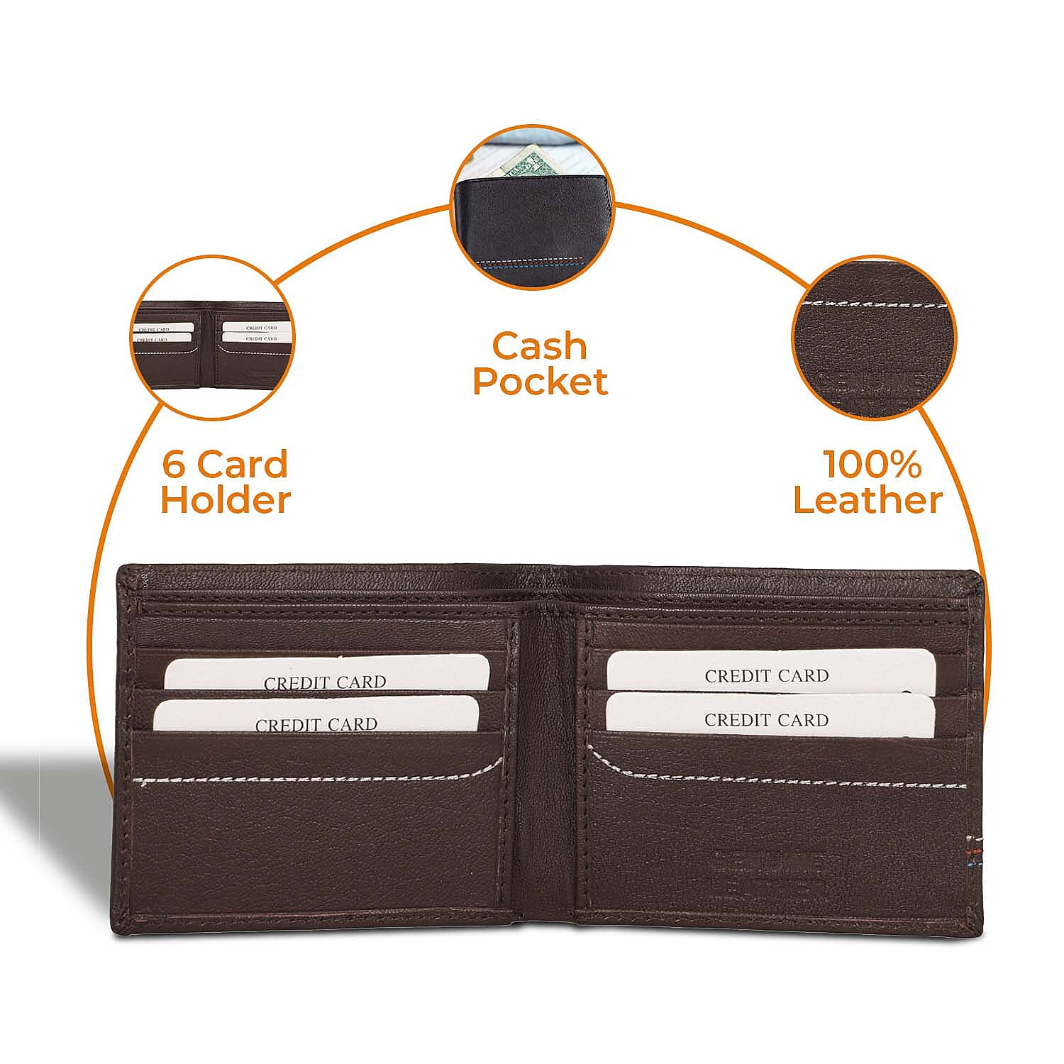 100% Genuine Leather RFID Protected Wallet (Size 11x9Cm) - Brown