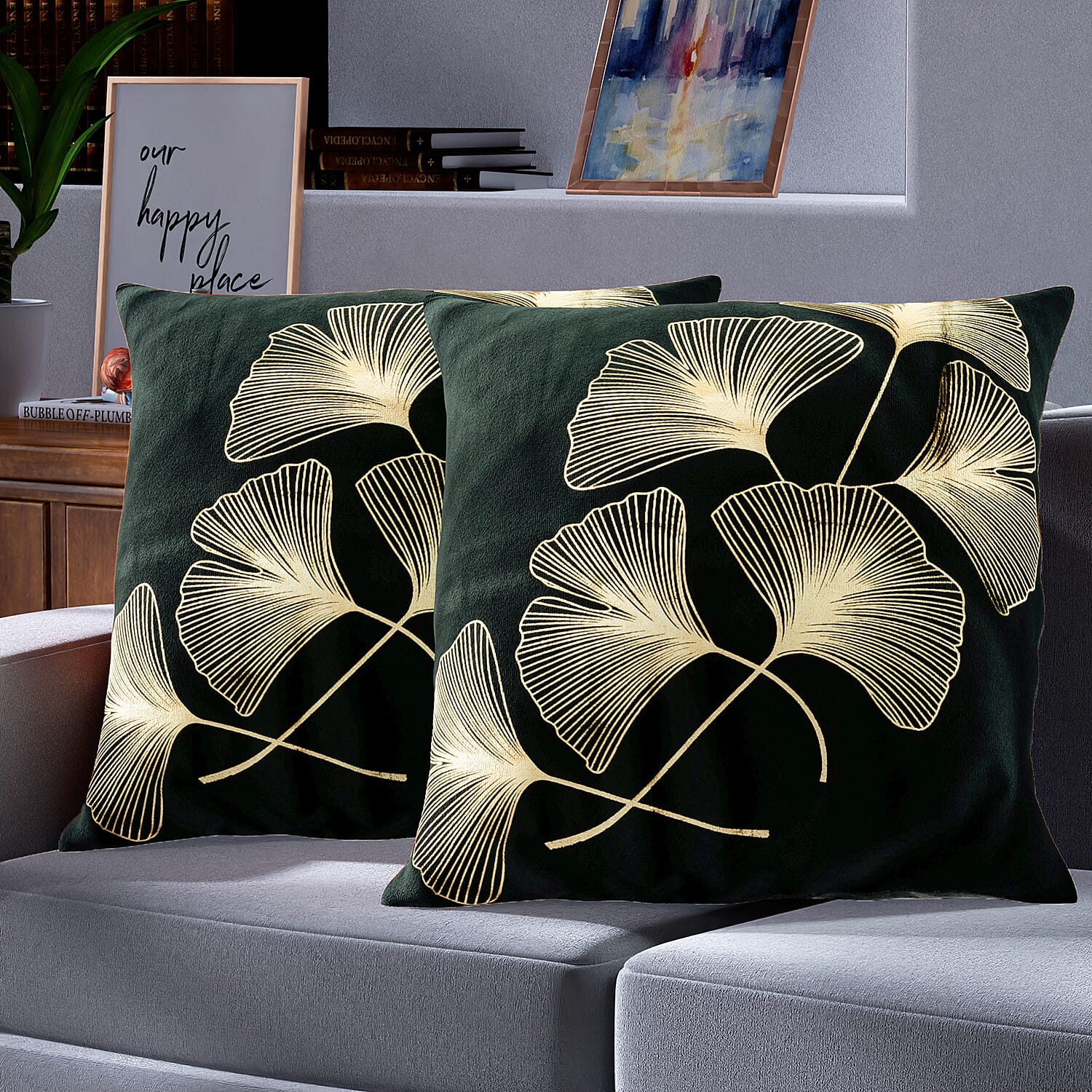 Set of 2 - Ginkgo Leaves Pattern Velvet Cushion Cover - Green & Gold
