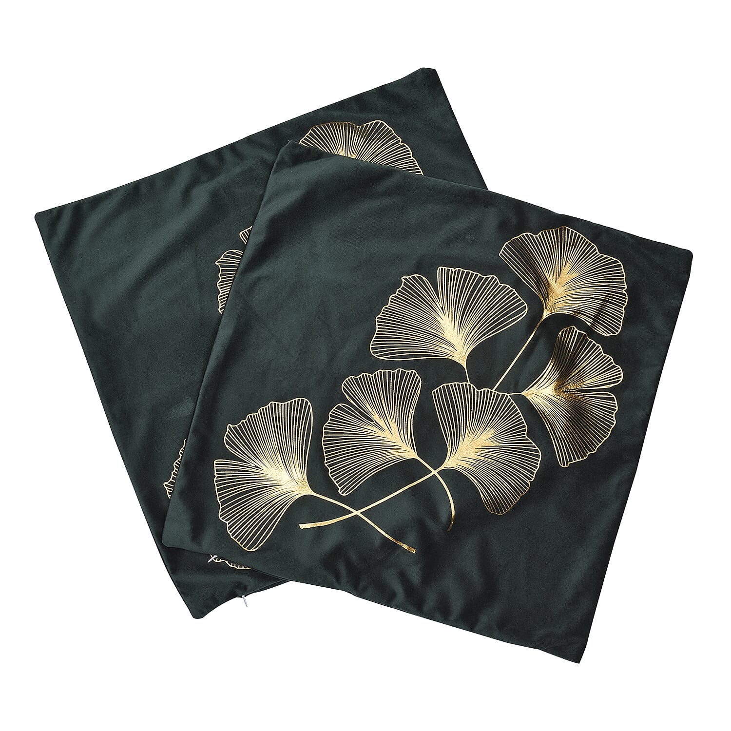 Set of 2 - Ginkgo Leaves Pattern Velvet Cushion Cover - Green & Gold