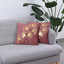 Set of 2 - Ginkgo Leaves Pattern Velvet Cushion Cover - Brown & Gold