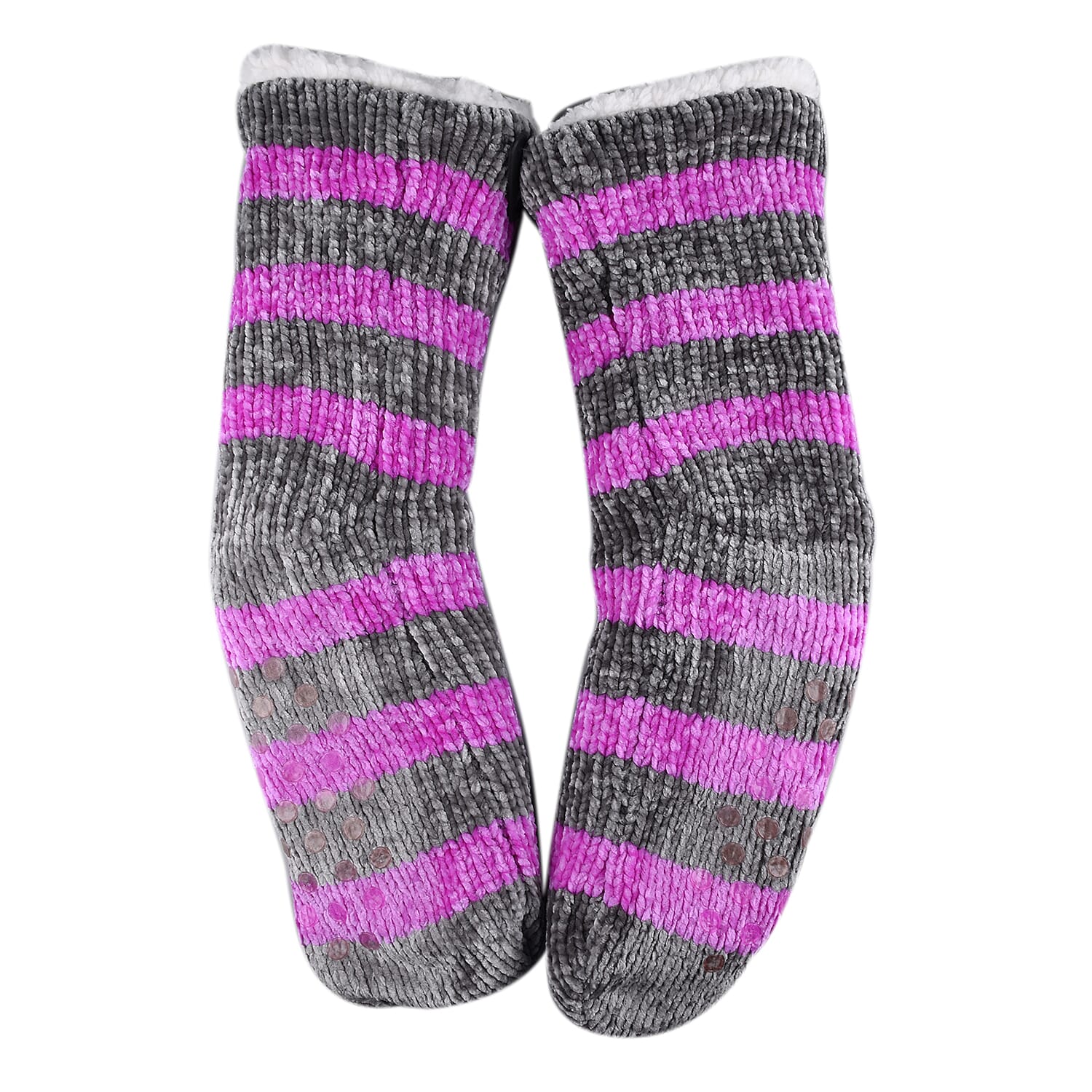 Elizabeth Rose Chenille Stripes Chunky Socks - Dark Pink & Grey