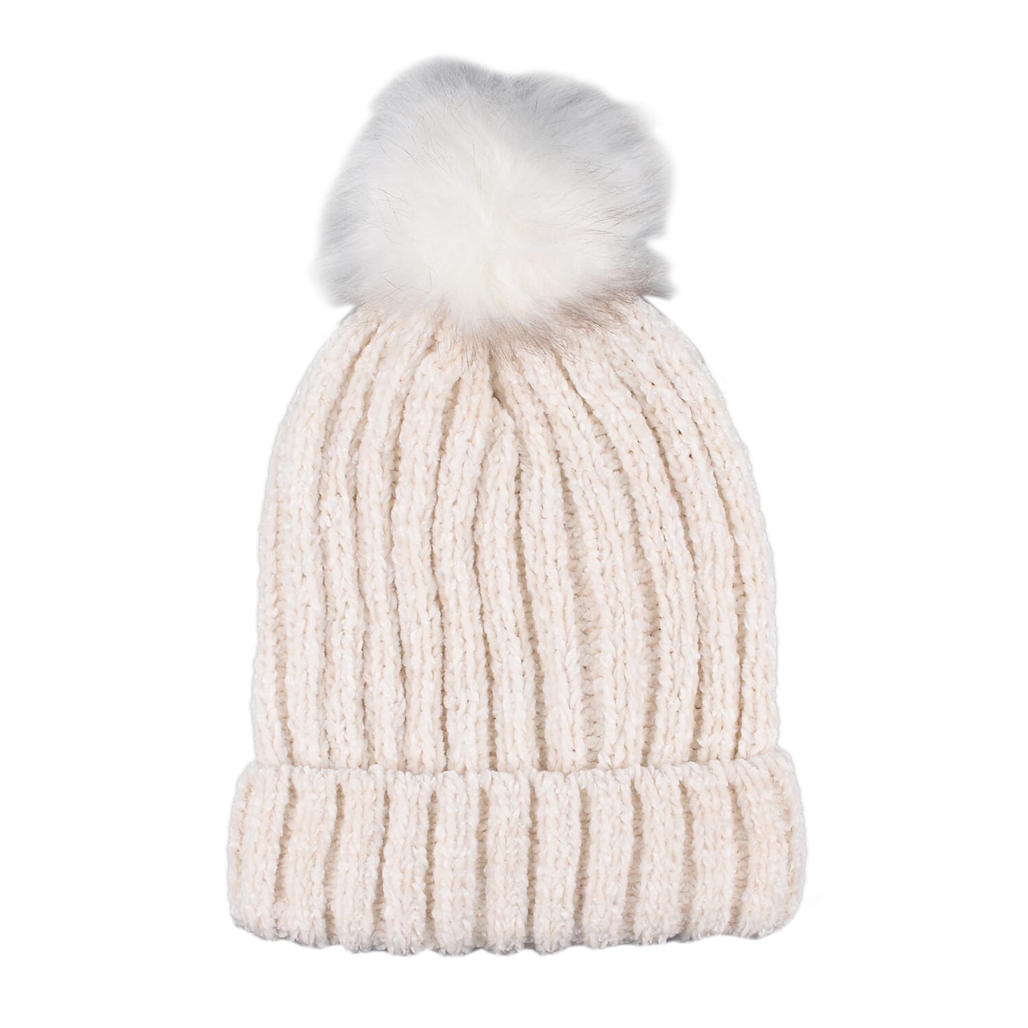Chenille Cable Ladies Bobble Knit Hat - Cream